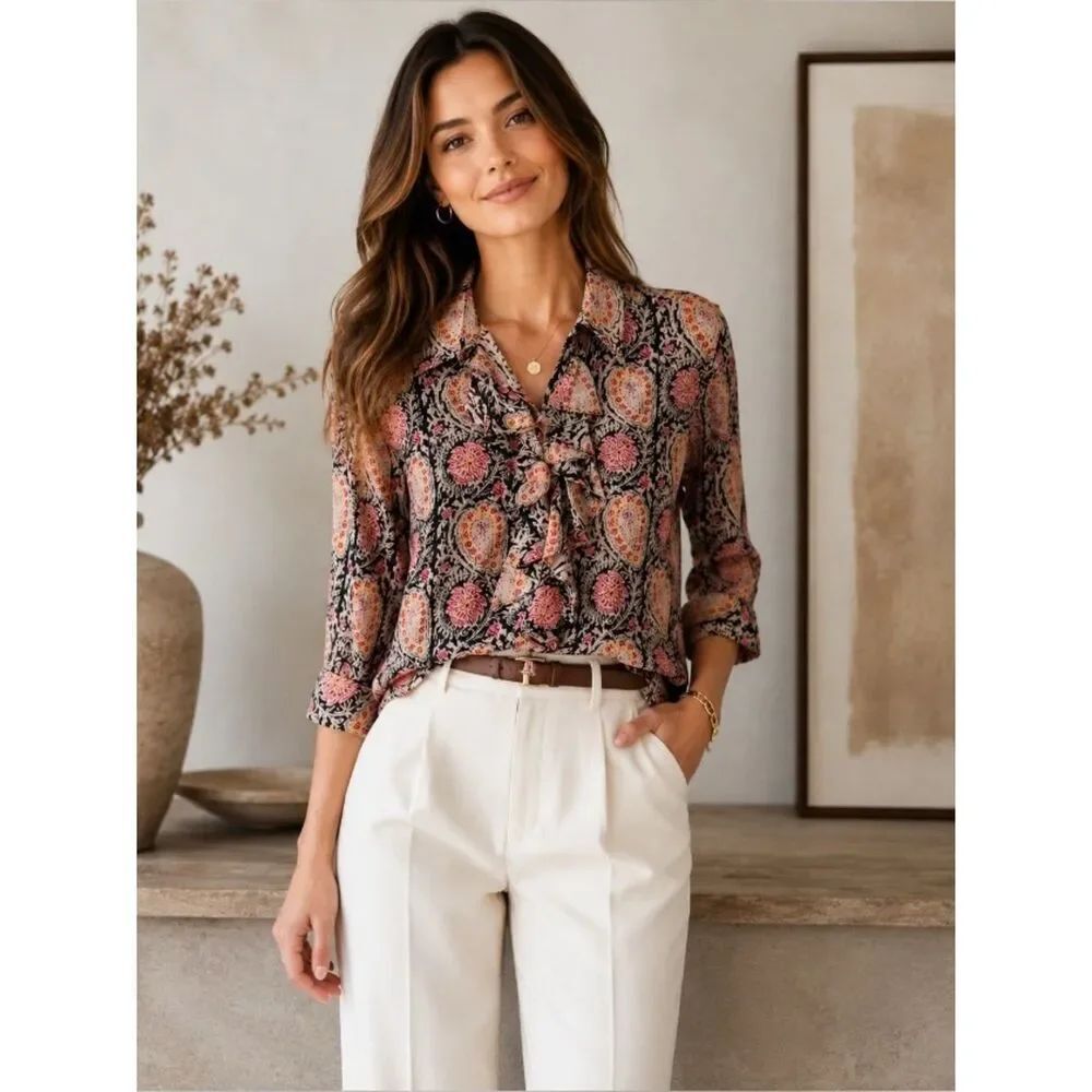 Lauren Ralph Lauren XL Paisley Ruffle Blouse 3/4 Sleeve Lightweight Cotton Boho